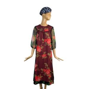 1960s Liberty House by Tropicana Volup dark floral sheer dress puff sleeves rose